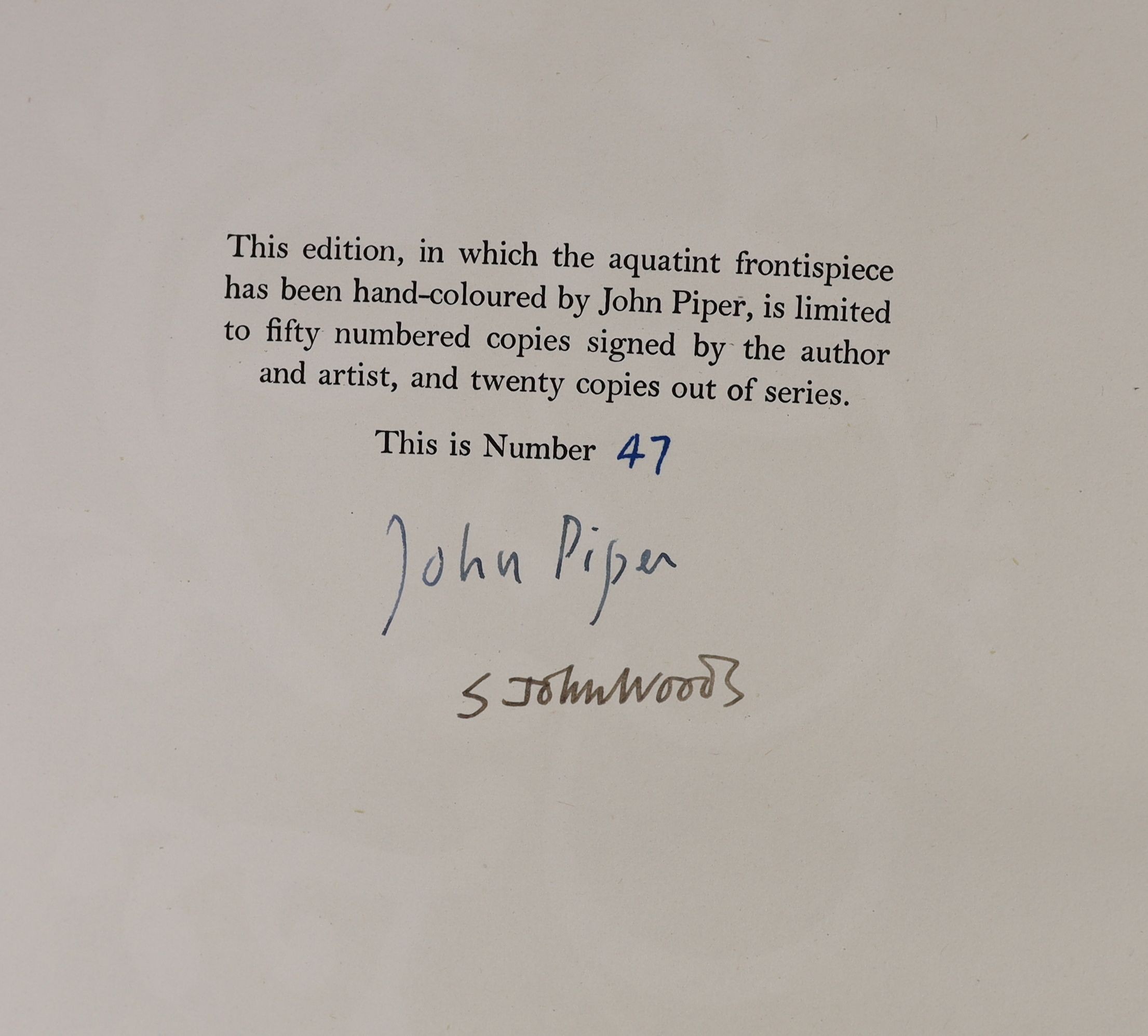 Piper, John - Paintings, Drawings & Theatre Designs, 1st edition, one of 50 with signed, hand-coloured aquatint frontispiece, 4to, green buckram gilt, with unclipped d/j, Faber & Faber, London, 1955, in slip case.